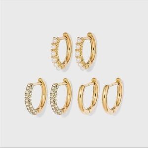 NWT Sugarfix by Baublebar 3 piece Crystal Gold and Pearl Hoop Earrings Set